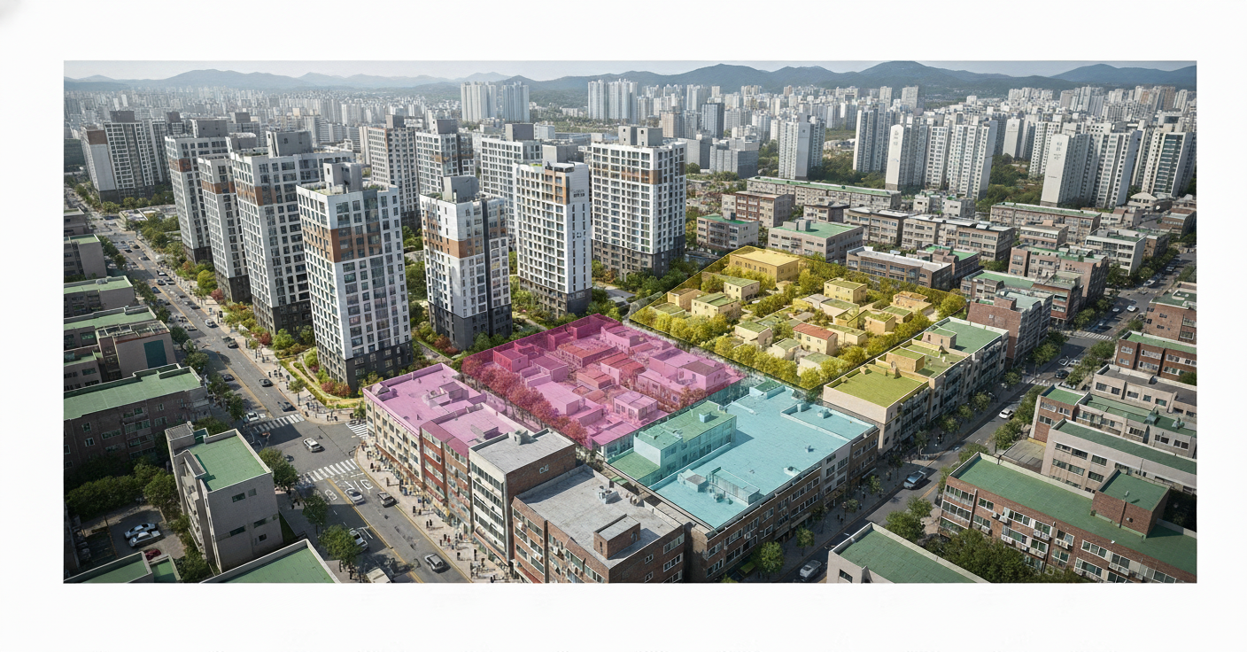 새 아파트와 기존 주택이 혼재된 한국 도시 블록의 조감도 일러스트. '신규 공급'과 '안정 시장' 표시가 있어 지역별 주택 공급 편차를 보여준다. 다양한 주거 환경 속 현대 한국인의 모습을 담고 있다.