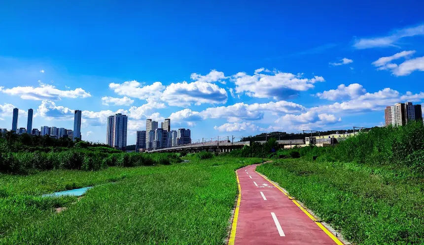 화창한 날씨의 도심 속 하천변 자전거 도로 사진