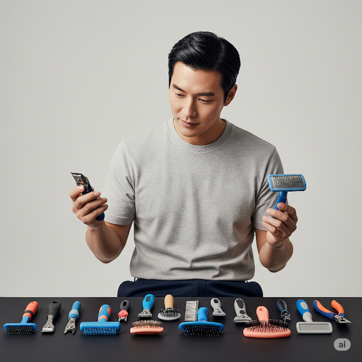 다양한 고양이 미용 도구를 살펴보고 있는 남자 집사