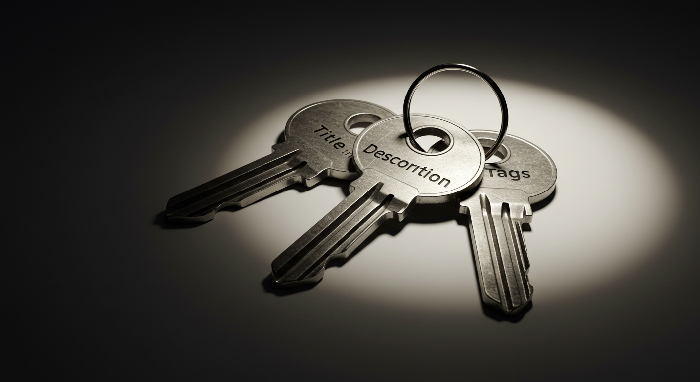 제목·설명·태그를 각각 여는 세 개의 상징적 열쇠로 표현한 심벌릭 정물 이미지