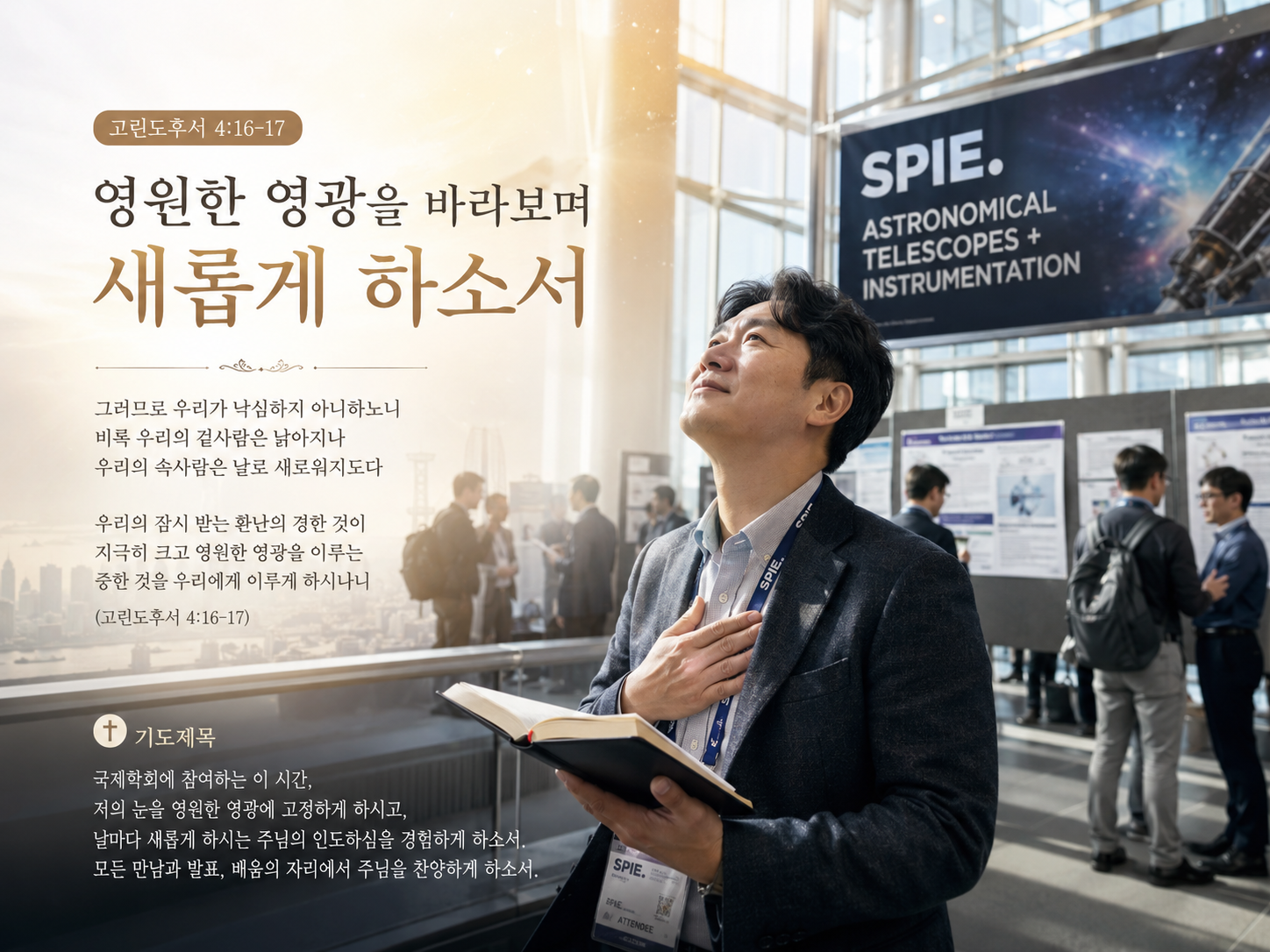 고후 4:16-17 말씀에서 날로 쇠해지는 몸이 아니라 눈을 들어 영원한 영광에 이르며 새롭게 하시는 주님의 인도하심을 경험하고 찬양하는 시간을 갖는 모습입니다.