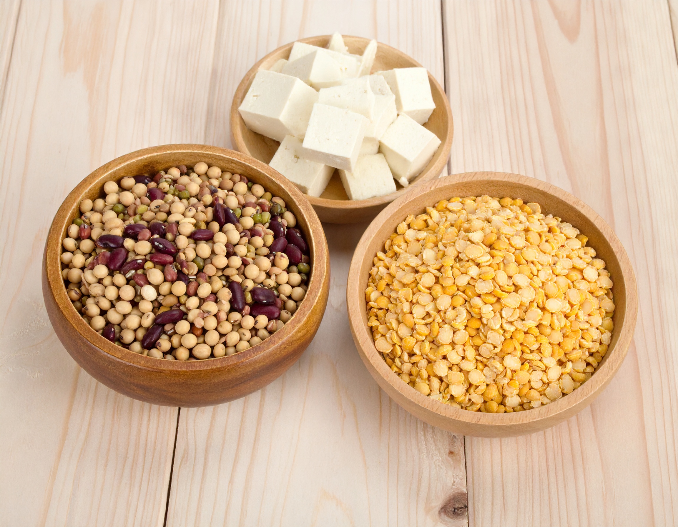 중년 건강을 위한 식재료인 콩, 두부, 통곡물이 담긴 그릇