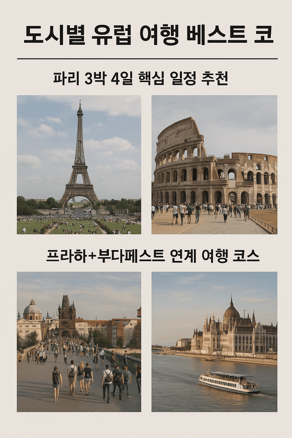 유럽의 세 도시인 파리, 로마, 프라하+부다페스트의 대표 명소와 여행 코스를 감각적으로 담아낸 이미지