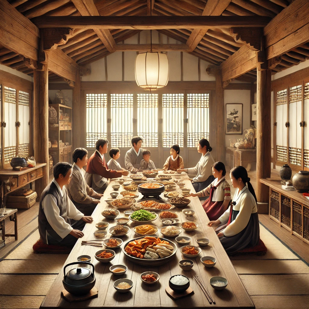 한국의 전통 한옥에서 가족이 다같이 모여 식사하는 장면