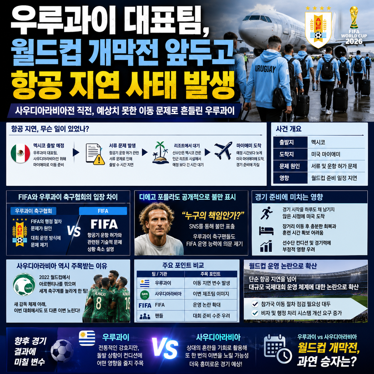 우루과이 대표팀, 월드컵 개막전 앞두고 항공 지연 사태 발생