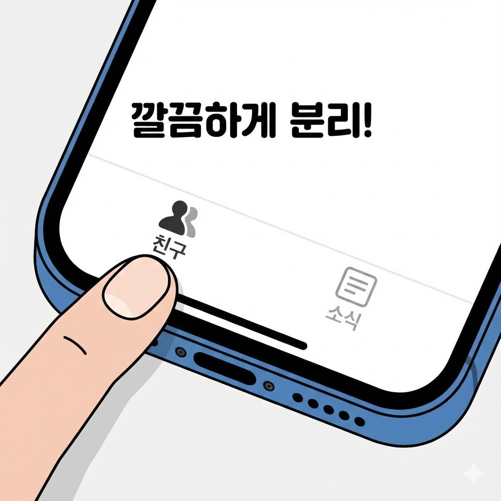 친구 목록 탭과 소식 탭이 분리된 새로운 카카오톡 UI 설명 그래픽