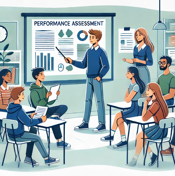 학생이 성과 평가의 일환으로 교실 앞에서 프로젝트를 발표하는 모습을 담은 그림. 학생은 포스터와 같은 시각 자료를 사용하여 프로젝트를 설명하고, 교사는 메모를 하고, 반 친구들은 주의 깊게 경청합니다. 교실은 교육 자료로 장식되어 있어 집중적이고 지지적인 환경을 조성합니다.