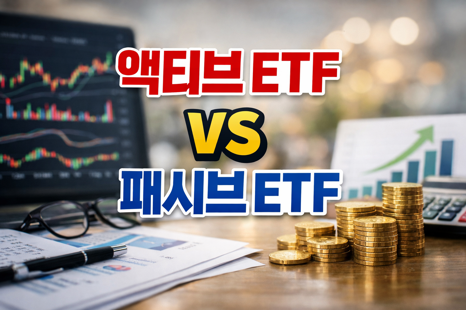 차트 모니터와 상승 그래프, 동전 더미를 배경으로 ‘액티브 ETF vs 패시브 ETF’ 문구가 크게 들어간 금융 비교 썸네일 이미지