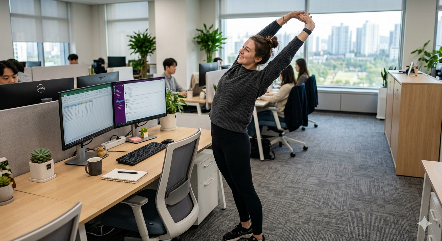 사무실에서 스트레칭하는 이미지