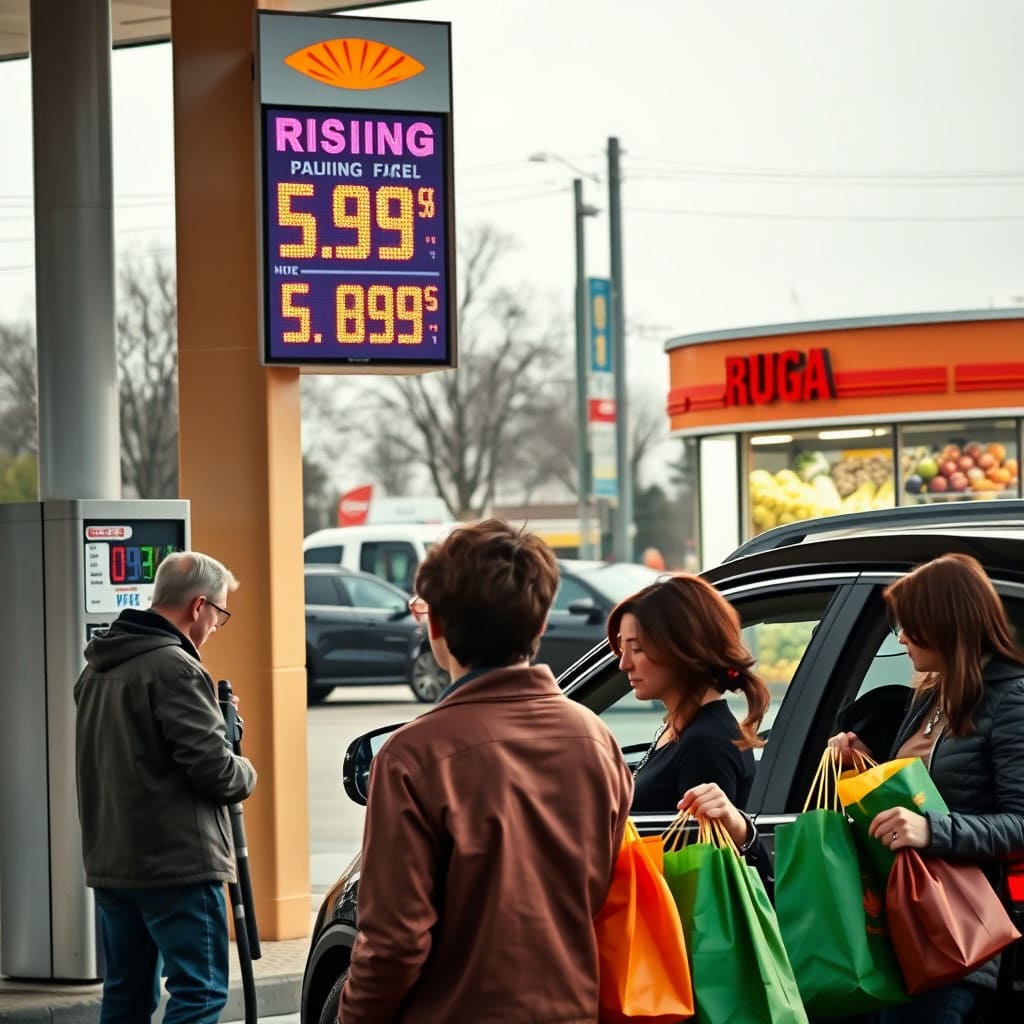 호르무즈 해협 봉쇄로 인한 유가 상승이 결국 물가 상승으로 이어져 일반 가계의 부담을 가중시키는 과정을 시각적으로 표현합니다. 독자들이 이 문제가 자신들의 일상과 밀접하게 관련되어 있음을 체감할 수 있도록 돕습니다.