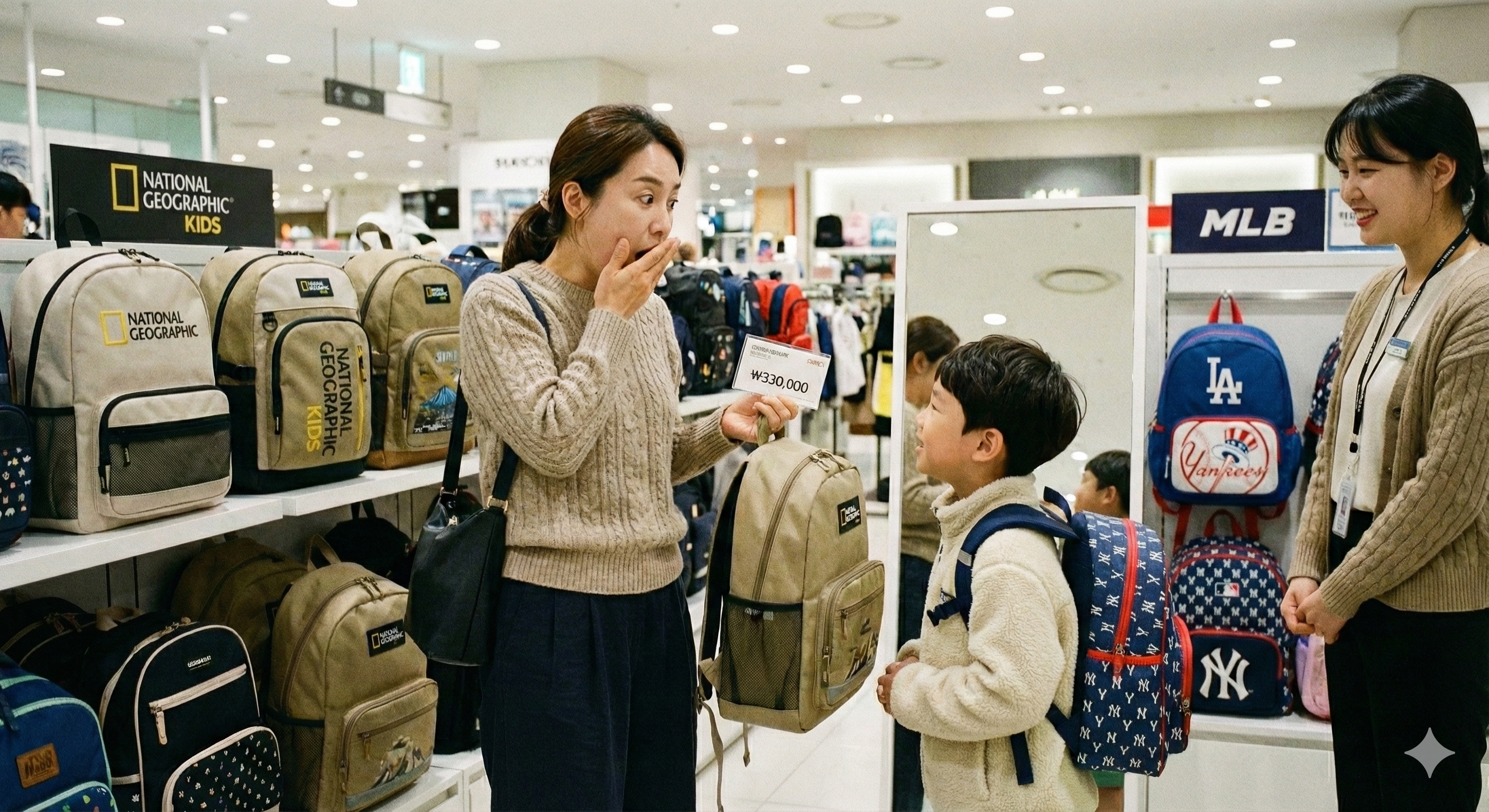 초등학교 입학하는 아이의 가방을 사러 갔다가 가격을 보고 놀라는 어머니