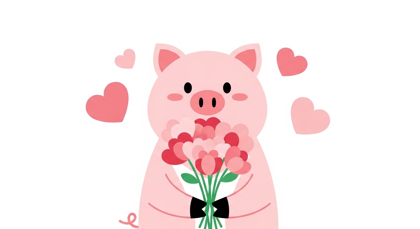 꽃다발을 들고 행복한 미소를 지으며 사랑과 낭만을 즐기는 돼지 캐릭터 일러스트