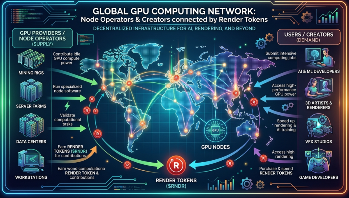 렌더토큰 시세 전망 관련 이미지(전 세계 지도 위에 GPU 노드들이 네트워크로 연결되는 구조 인포그래픽)