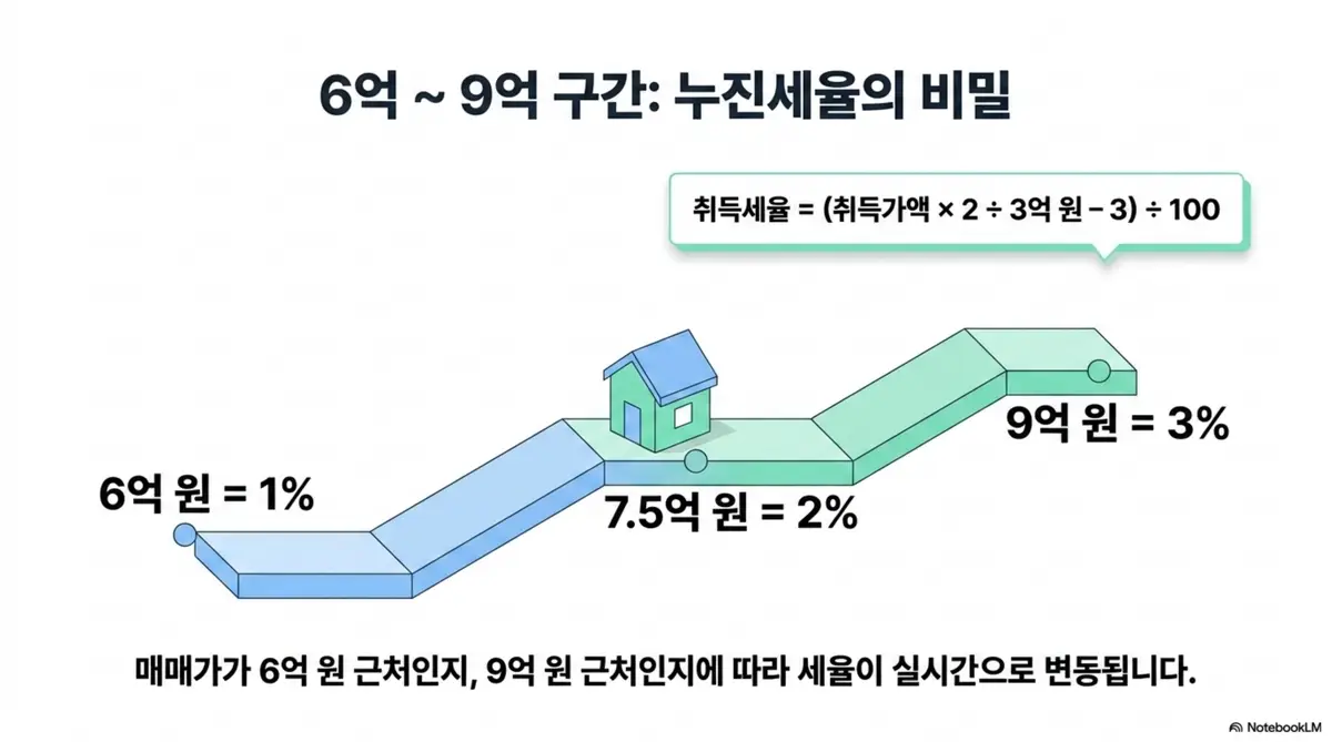 부동산 취득세: 취득 가액 6억 원에서 9억 원 구간의 누진세율 계산식과 6억 원일 때 1%에서 7.5억 원 2% 그리고 9억 원 3%로 세율이 점진적으로 올라가는 과정을 경사로 그래픽으로 표현한 인포그래픽 이미지. 이 이미지는 매매가에 따라 취득세율이 실시간으로 변동된다는 정보를 시각적으로 전달하며 블로그의 누진세율 계산 방법과 관련된 내용을 설명함
