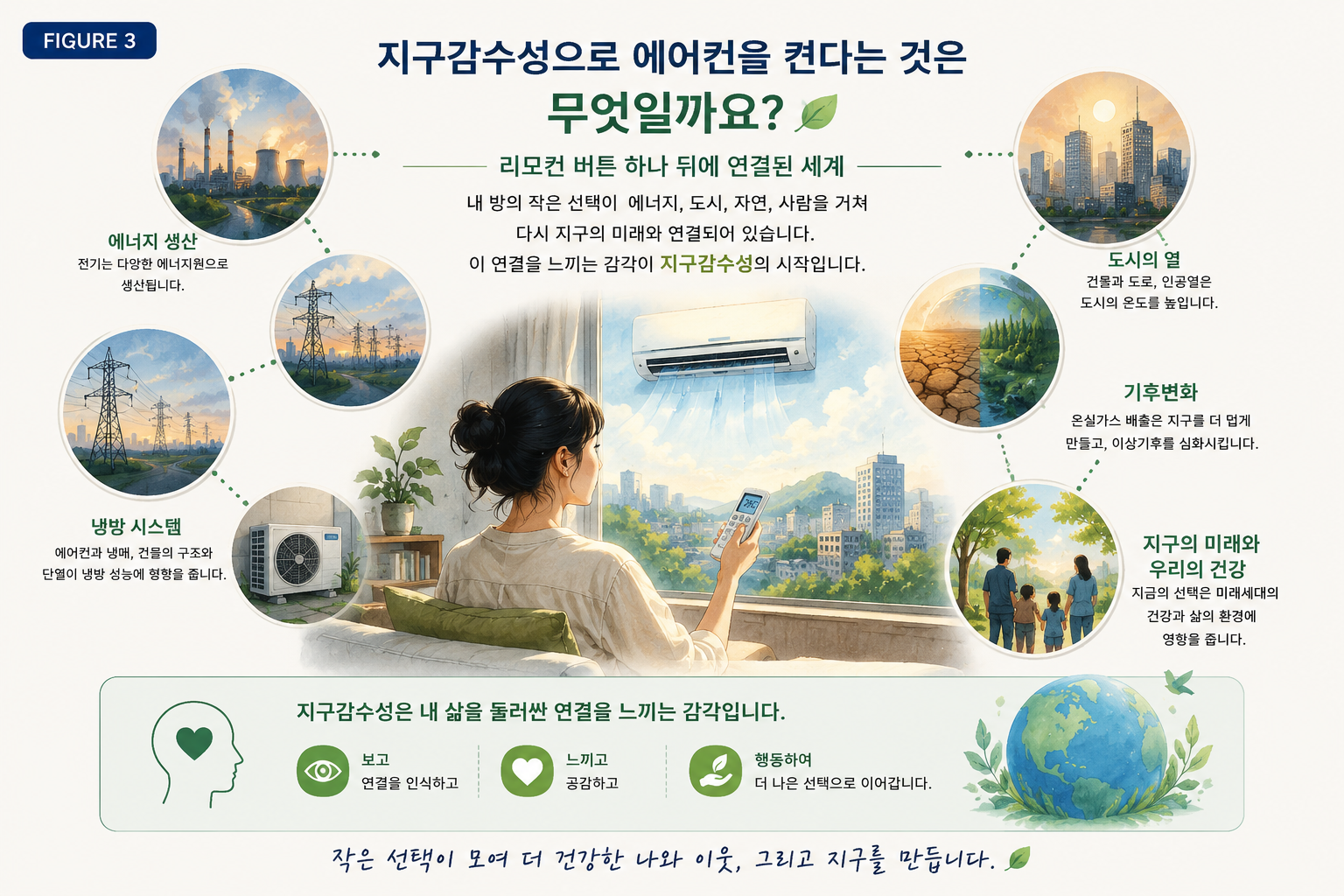 에어컨 사용이 에너지 생산과 도시의 열, 기후변화, 인간의 건강과 지구의 미래까지 연결되어 있음을 보여주는 지구감수성 인포그래픽