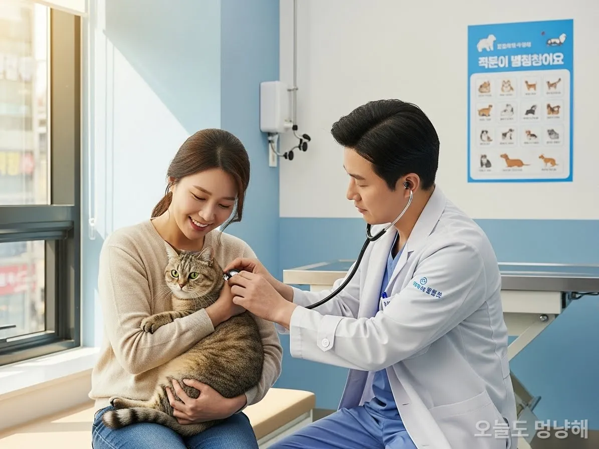 한국인 반려인이 동물병원에서 고양이 건강검진을 받는 모습