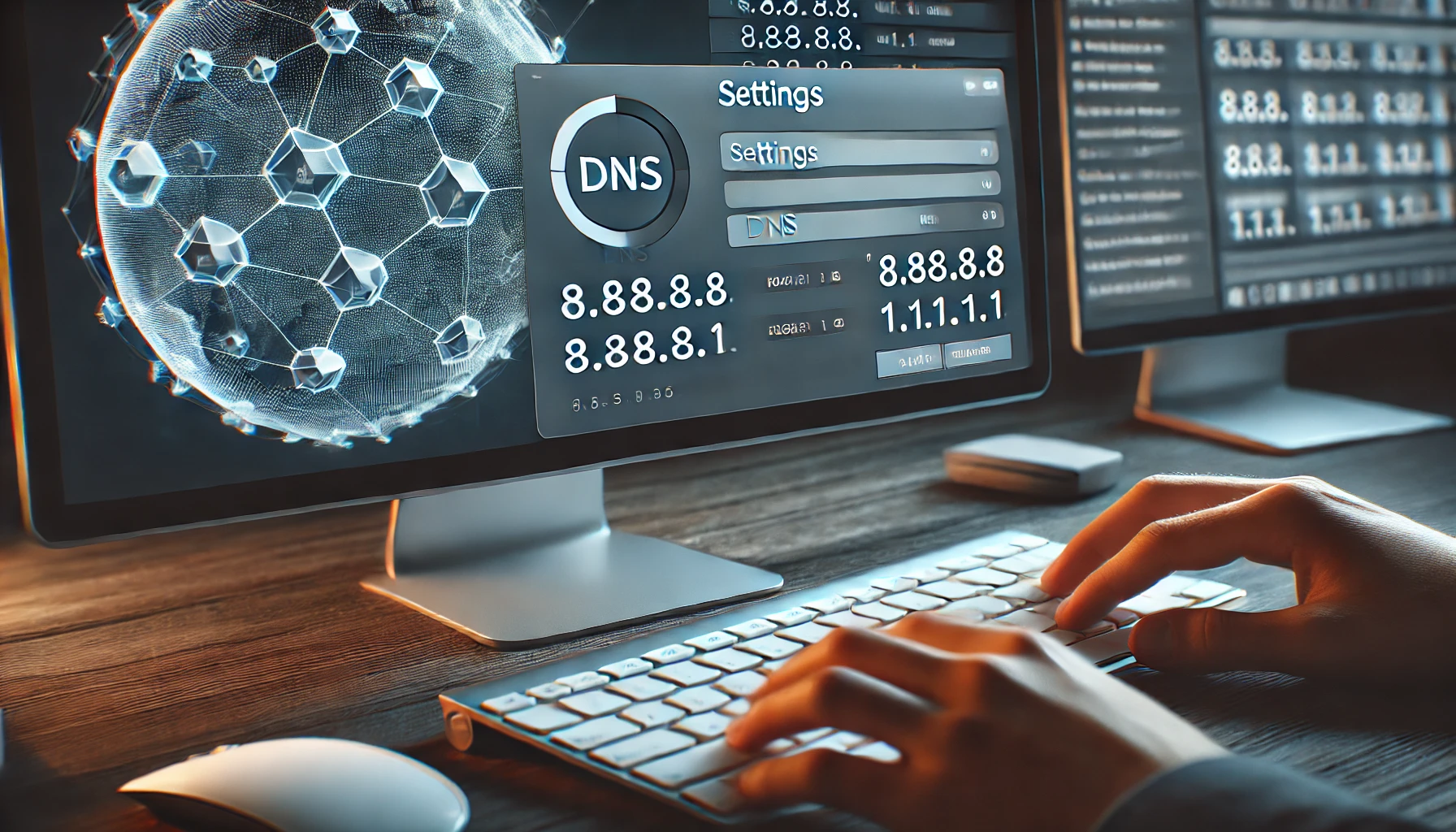 DNS 설정 변경 과정 – 컴퓨터 화면에서 DNS 주소(8.8.8.8, 1.1.1.1)를 입력하는 과정