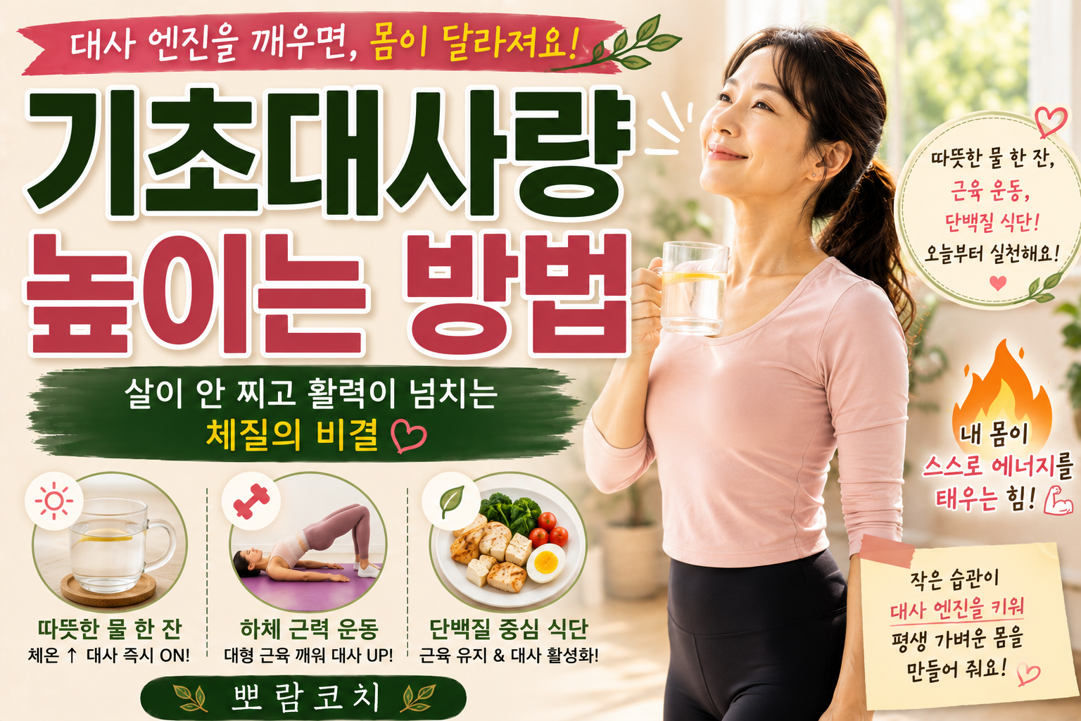 아늑한 창가 옆에서 가볍게 스트레칭을 마치고 편안하게 미소 짓고 있는 인물 사진