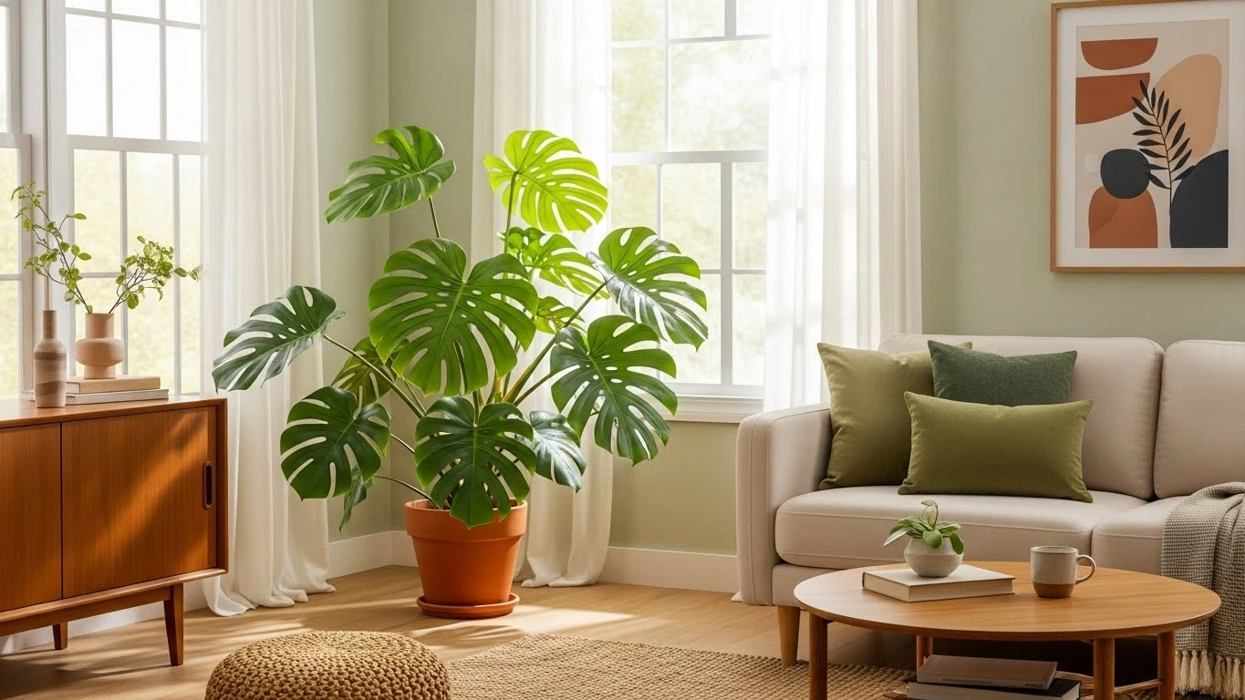 Large Monstera Deliciosa with fenestrated leaves in a bright living room