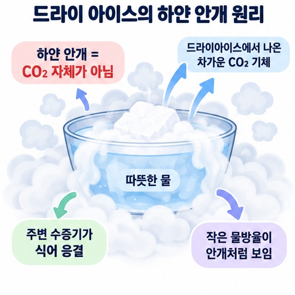 드라이아이스 주변의 하얀 안개가 수증기 응결로 생기는 과정을 보여주는 이미지