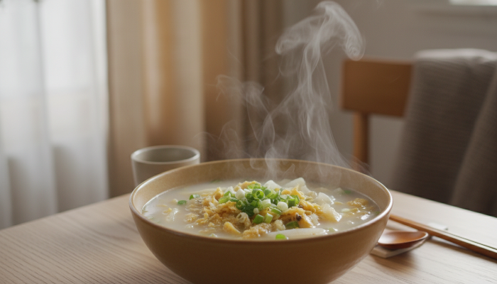 김이 모락모락 나는 뽀얀 국물의 시원한 황태국 한 그릇