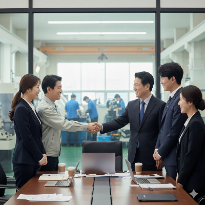 은행 심사역3명ㅇ이 기업 실사를 나가 CEO와 악수를 나누는 비즈니스 미팅 이미지