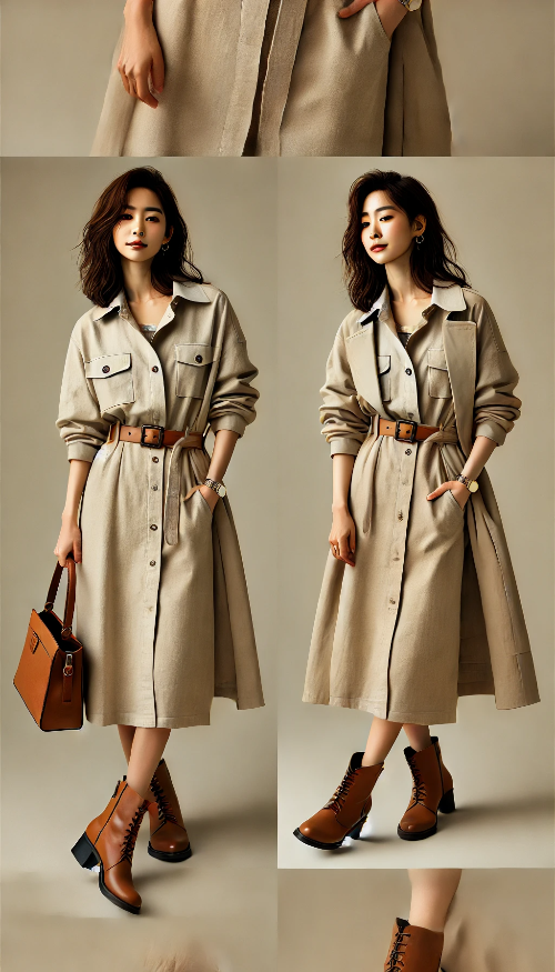 카라넥 셔츠 원피스 코디한 여성