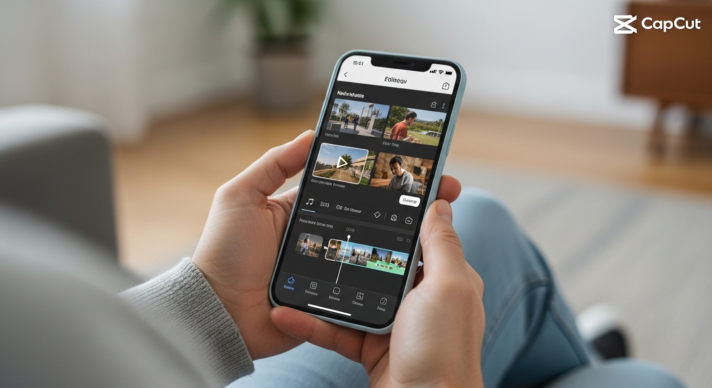 중년의 손이 스마트폰으로 'CapCut' 앱을 사용해 숏폼 영상을 편집하는 모습. 영상 클립, 음악, 자막 아이콘 등 편집 기능이 화면에 직관적으로 보여진다.