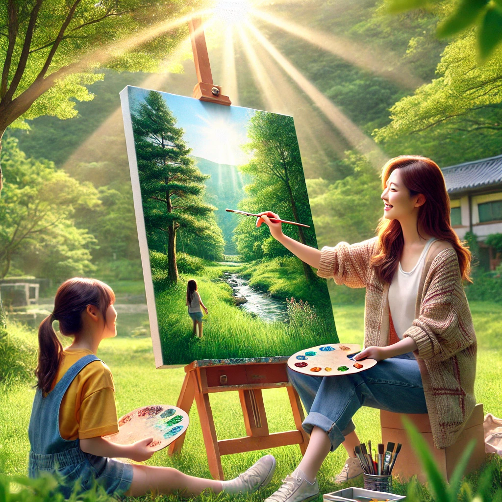 부모와 자녀가 공원에서 캔버스에 자연 풍경을 그리며 창의적이고 활기찬 시간을 보내는 모습. 초록의 자연과 햇빛이 어우러진 장면