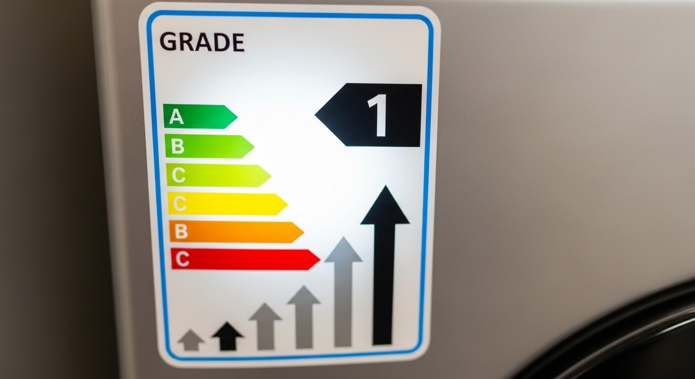 세탁기 표면에 부착된 1등급 에너지효율 등급 라벨 클로즈업