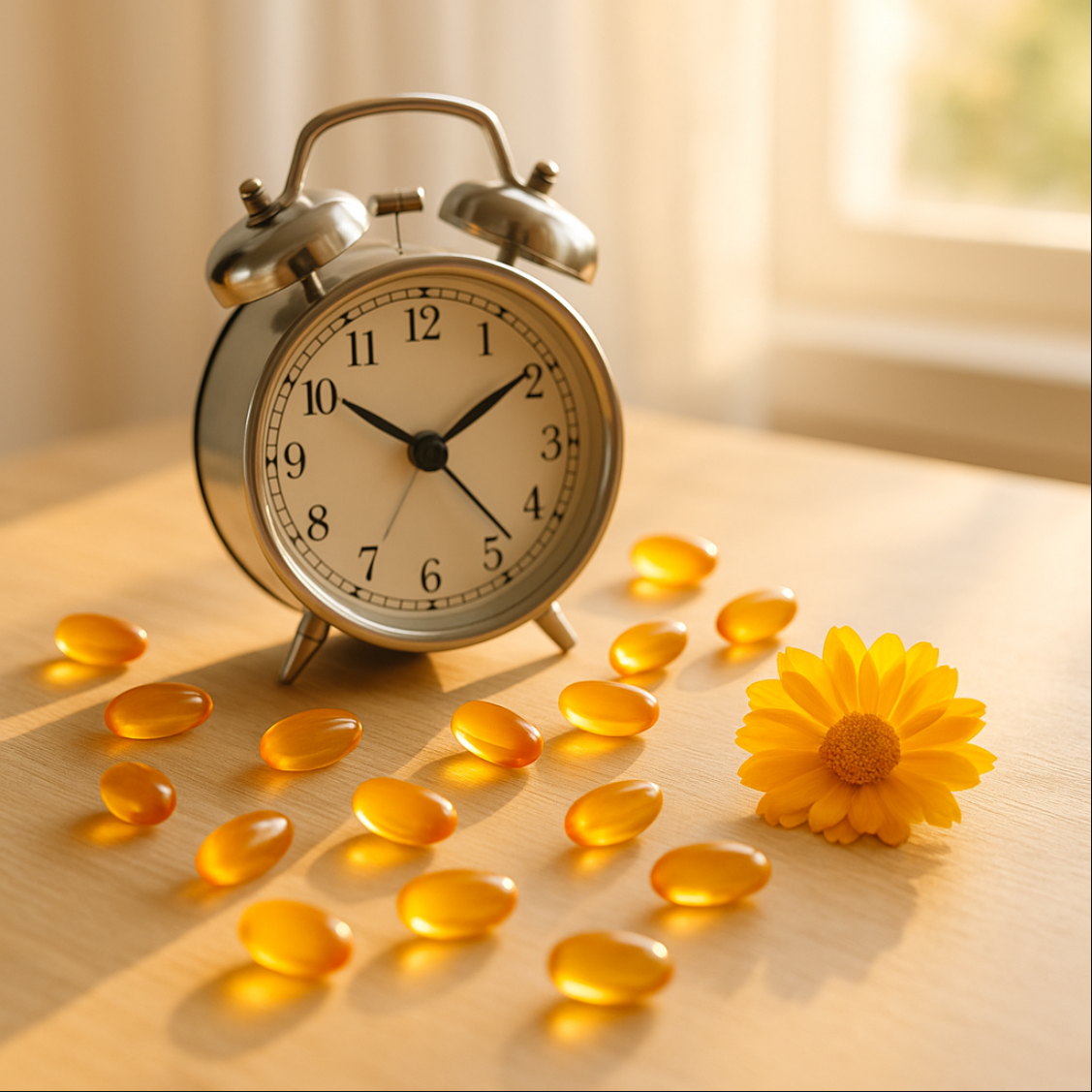 루테인 섭취 시간과 복용법, 언제 먹는게 좋은지 나타내는 시계와 영양제 이미지