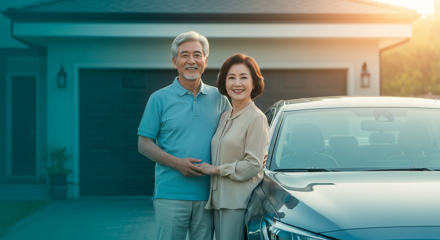 현대적인 짙은 회색 세단 옆에 서 있는 멋진 60대 한국인 시니어 부부. 남편은 하늘색 폴로 셔츠, 아내는 베이지색 블라우스를 입고 있으며, 따뜻한 아침 햇살 아래 행복하게 미소 짓고 있다.