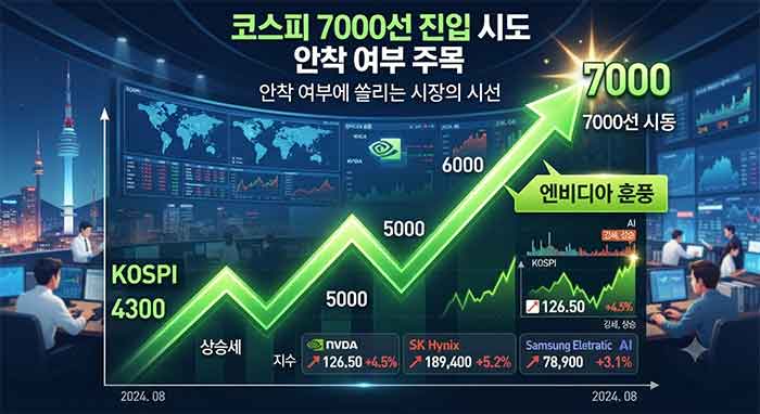 코스피 7000선 돌파와 상승세를 보여주는 증권가 화면.