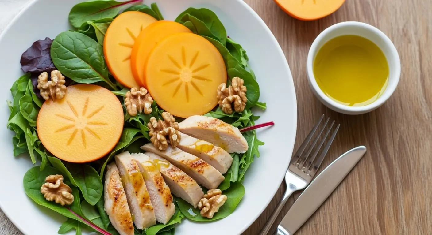 당뇨 환자를 위한 건강한 단감 샐러드 레시피를 보여주는 이미지. 신선한 단감 조각과 닭가슴살, 다양한 채소, 견과류가 어우러져 맛있고 영양가 있는 식사를 제안합니다.