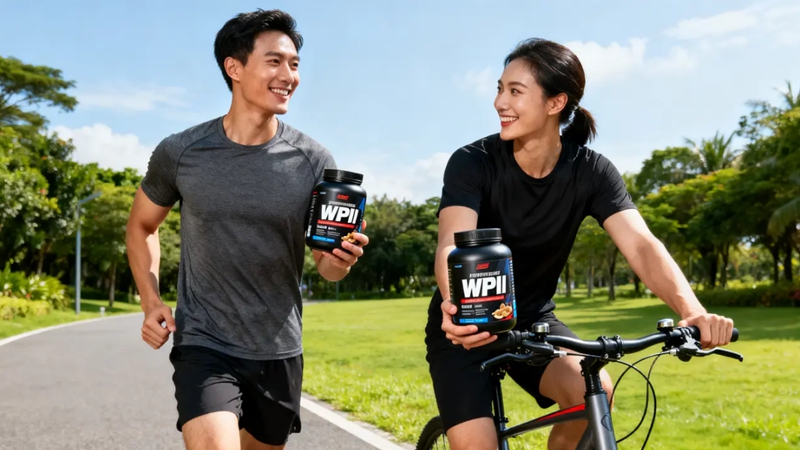 활기차게 생활하는 중장년 남녀가 유당제로 만든 WPI 단백질 보충제를 들고 미소 짓는 모습