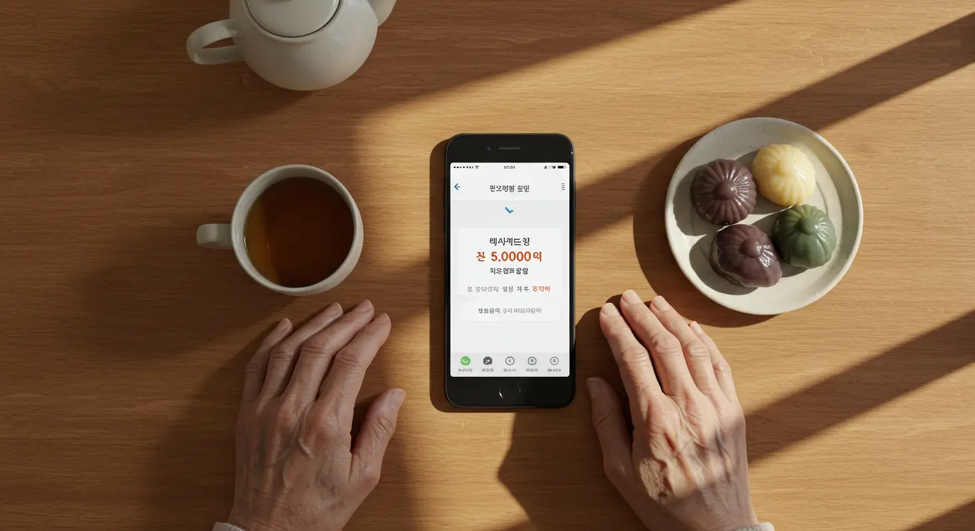 한 어르신이 추석을 앞두고, 스마트폰으로 명절위로금이 자동 입금된 내역을 확인하며 따뜻한 차를 마시고 있는 모습