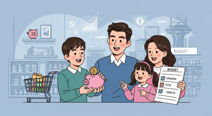 2025년 자녀 경제 교육의 중요성을 보여주는 일러스트. 아빠가 아이에게 저금통을 보여주고, 엄마와 아이가 용돈 기입장을 함께 보며 웃고 있다. 뒤로는 마트, 주식 그래프 등 경제 활동을 상징하는 요소들이 보인다.