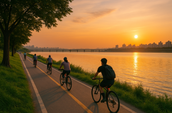 한강변을 따라 자전거들이 여유롭게 달리고 있다
