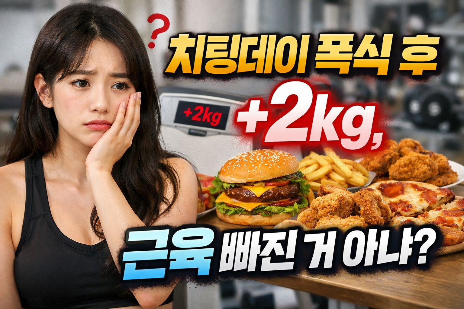 치팅데이 폭식 후 체중 2kg 증가로 근육이 빠진 것인지 고민하는 헬스 운동 중인 여성 모습