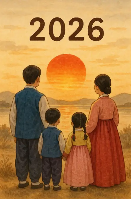 2026 떠오르는 해 바라보는 4명 가족