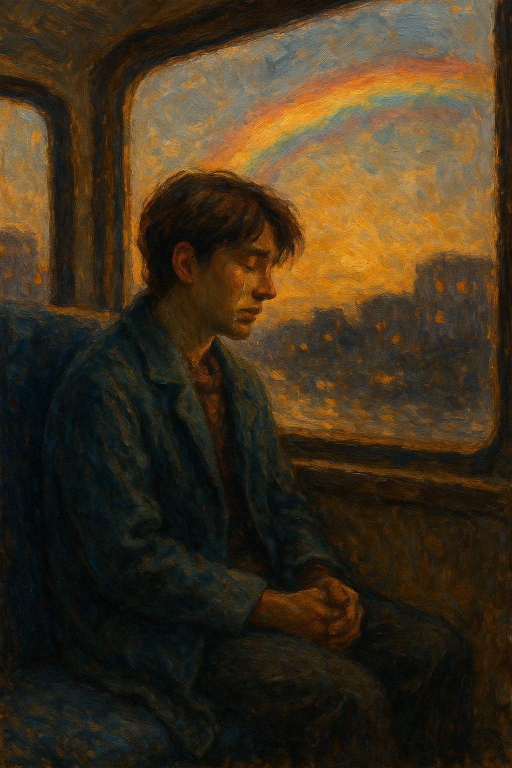 창가에 앉아 눈을 감은 채 조용히 머무는 남자의 모습과, 창밖에 흐릿하게 보이는 무지개를 유화풍으로 그린 감성적인 그림.