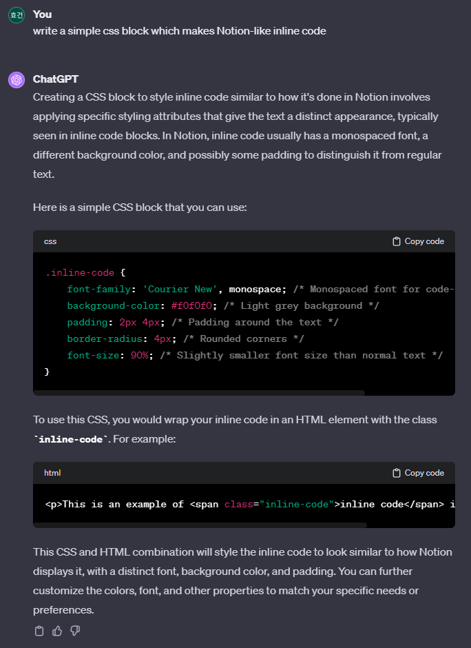 ChatGPT made a simple css block styling a <code> block in Notion style