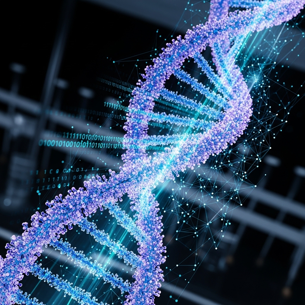 푸른빛과 보랏빛으로 빛나는 정교한 DNA 이중 나선 구조와 디지털 데이터가 겹쳐진 이미지. 고급 유전체 연구와 맞춤형 의학의 과학적 기반을 상징합니다.