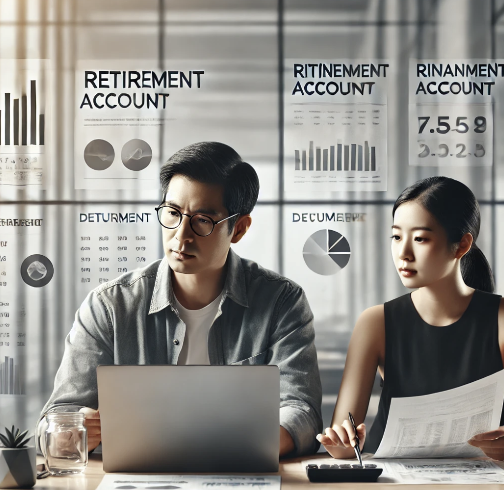 사무실에서 서류를 검토하며 연금계좌를 확인하는 모습