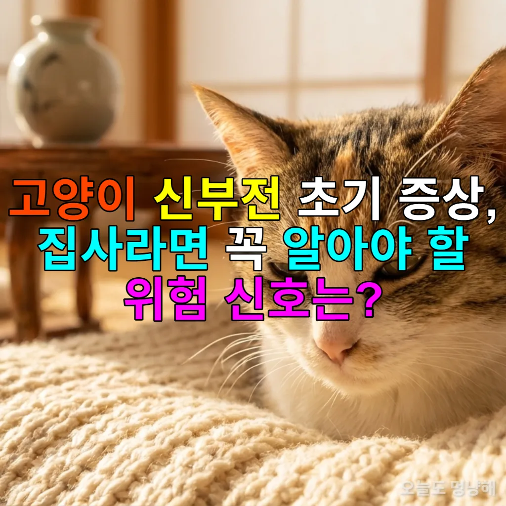 따뜻한 햇살이 비치는 한국 가정집에서 담요 위에 편안하게 누워있는 고양이의 모습. 고양이는 약간 피곤해 보이는 표정으로, 집사의 세심한 관찰이 필요한 초기 신부전 증상을 암시합니다.