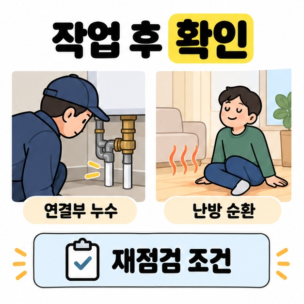 작업 후 확인 제목 아래 작업자가 배관 연결부를 살피는 모습과 따뜻한 바닥에 앉은 사람을 연결부 누수 및 난방 순환으로 나누고 재점검 조건을 안내하는 카드