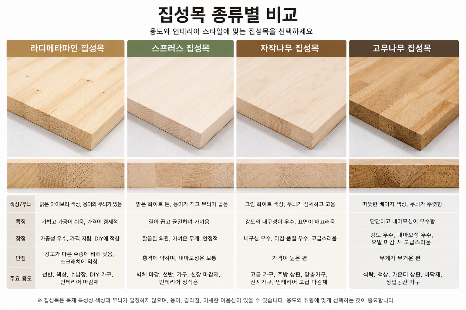 라디에타파인, 스프러스, 자작나무, 공무나무 집성목의 차이