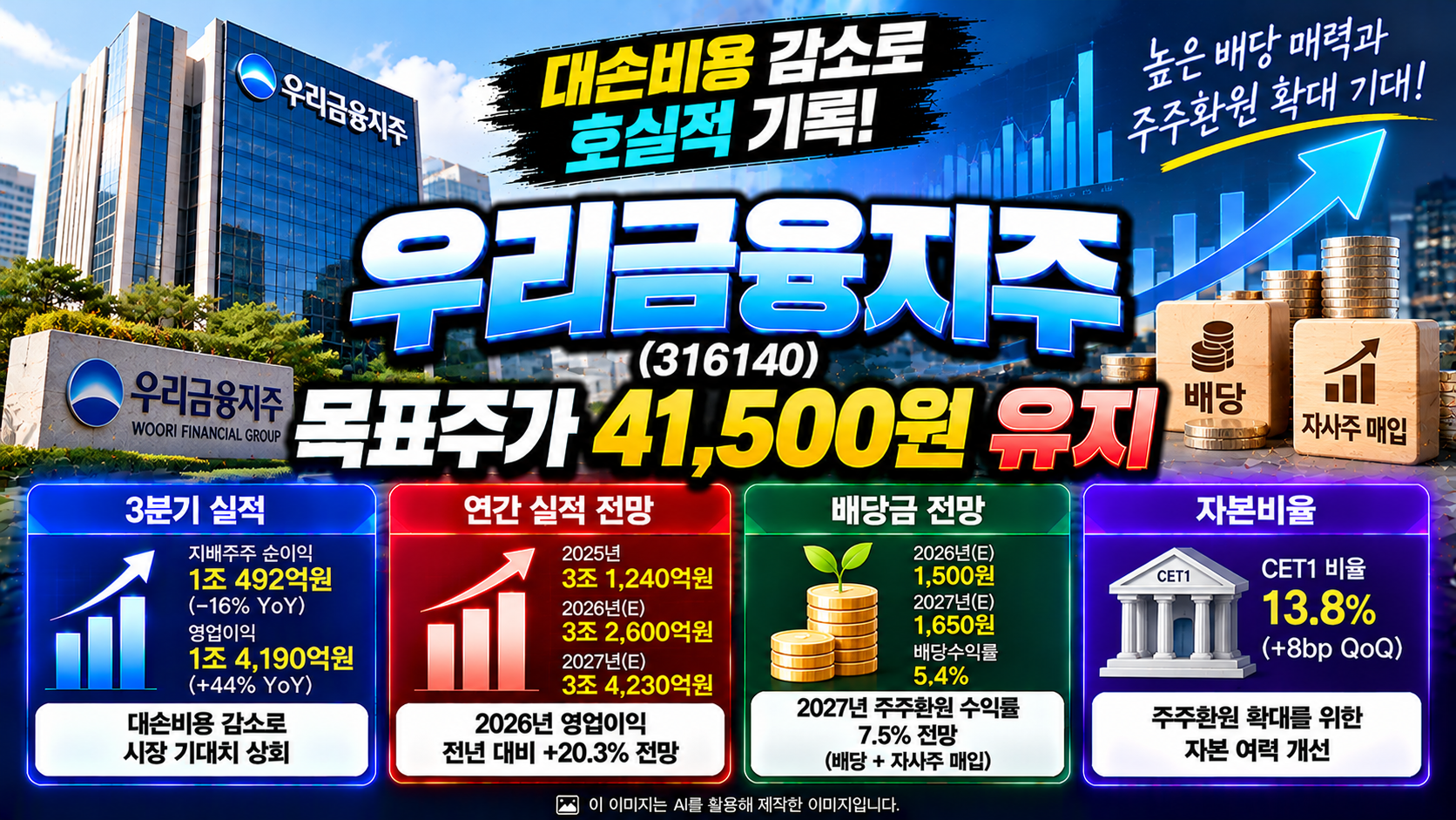 우리금융지주(316140) 주가 전망 및 기업분석, 목표주가 41,500원 유지, 2026년 3분기 순이익 1조 492억원, 대손비용 감소에 따른 호실적과 2027년 예상 배당금 1,650원, CET1 비율 13.8% 및 주주환원 확대 전망