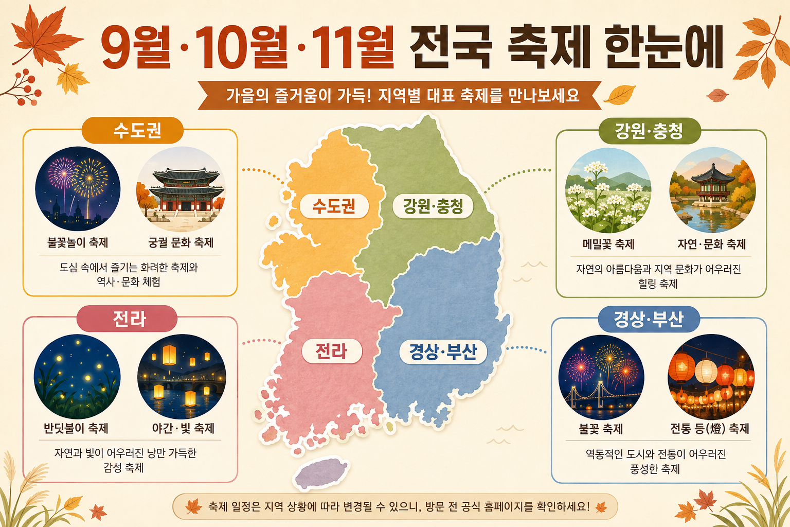 2026년 9월 10월 11월 전국 주요 지역별 가을 축제 일정을 권역별로 정리한 지도형 이미지