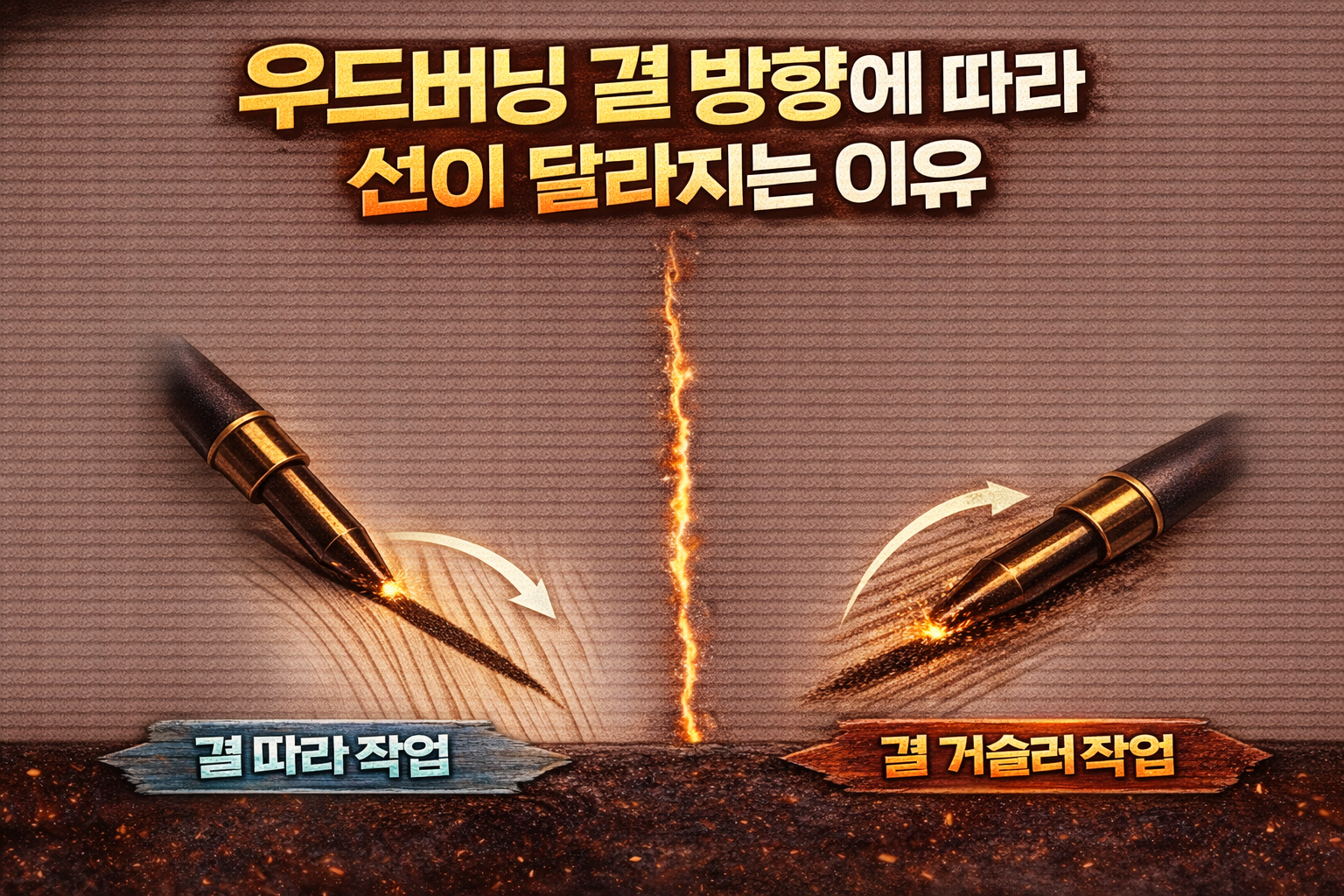 우드버닝 결 방향에 따라 선이 달라지는 이유